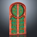 Arched Entrance Door With Red Frame And Green Intricate Patterned Panels