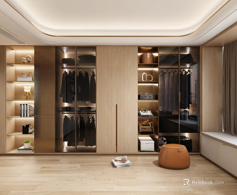 Elegant Modern Wardrobe With Wooden Cabinets Glass Doors Open Shelves And Hanging Clothes Storage 3d model 