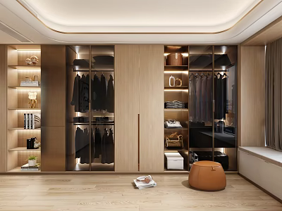 Elegant Modern Wardrobe With Wooden Cabinets Glass Doors Open Shelves And Hanging Clothes Storage 3d model