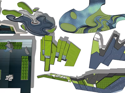 Various Creative Garden Ornaments Designs With Water Features Green Plants And Geometric Structures 3d model