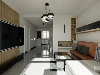 Modern Living and Dining Room Interior With Wooden TV Wall Brown Sofa And Hanging Lights 3d model