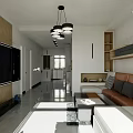Modern Living and Dining Room Interior With Wooden TV Wall Brown Sofa And Hanging Lights