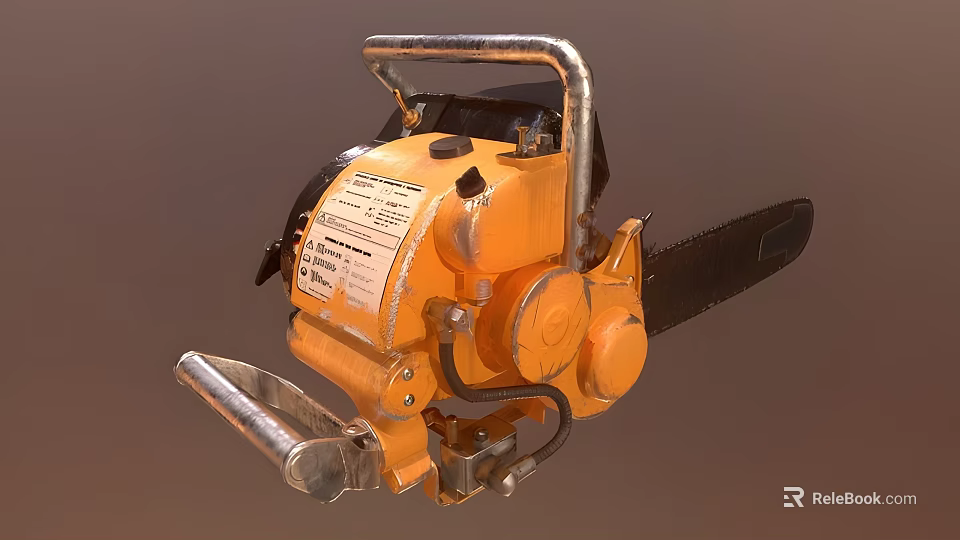 Heavy Duty Yellow Industrial Chainsaw With Metal Handle And Cutting Chain 3d model 