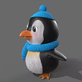 Cute Plush Penguin Toy Wearing Blue Knitted Hat And Scarf