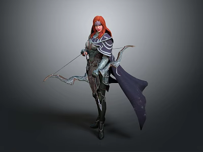 A Female Warrior with Red Hair in Armor Holding Bow and Arrow and Cloak 3d model