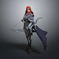 A Female Warrior with Red Hair in Armor Holding Bow and Arrow and Cloak