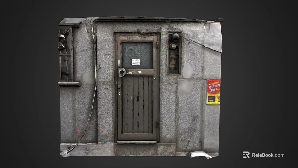 Old Worn Wooden Door On Gray Concrete Wall With Peeling Paint And Sticker 3d model 