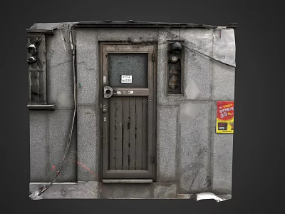 Old Worn Wooden Door On Gray Concrete Wall With Peeling Paint And Sticker 3d model