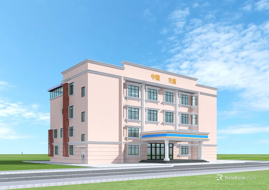 Pink Modern Office Building Featuring Multiple Windows Blue Entrance Awning And Green Lawn 3d model 