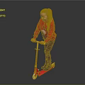 Child Riding Red Scooter In Red Sweater And Brown Pants On Gray Background