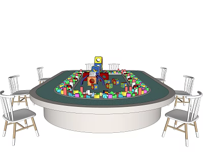 Colorful Building Blocks on Round Play Table with Minifigure Surrounded by White Chairs 3d model