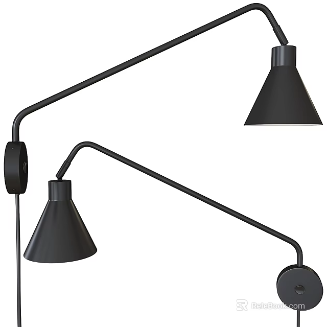 Modern Black Wall Lamps With Curved Arm And Conical Shade Design 3d model 