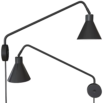 Modern Black Wall Lamps With Curved Arm And Conical Shade Design 3d model
