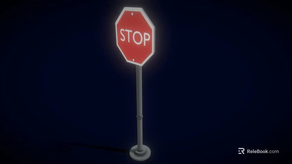 Red STOP Sign Standing With Metal Pole On Dark Blue Background 3d model 