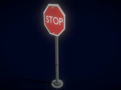 Red STOP Sign Standing With Metal Pole On Dark Blue Background 3d model