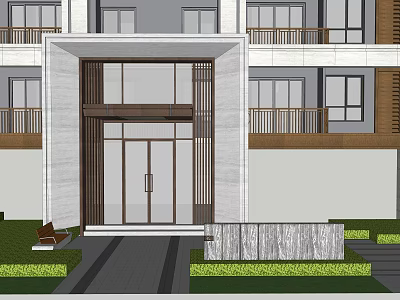 Modern Building Entrance Gate With Stone Cladding Glass Doors Surrounded By Lawn And Greenery 3d model