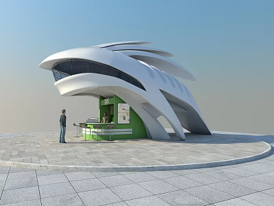 Modern Streamlined White Roof Green Kiosk Structure On Plaza Ground With Person Standing 3d model