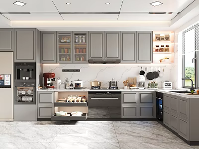Elegant Modern Kitchen Interior With Gray Cabinets Marble Countertops And Appliances 3d model