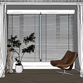 Elegant Venetian Blinds by Window with Brown Chair Plant White Curtains and Wooden Floor
