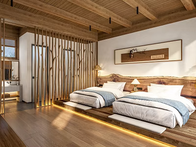 Hotel Guest Room Interior With Two Beds Wooden Ceiling Flooring And Decorative Painting 3d model