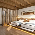 Hotel Guest Room Interior With Two Beds Wooden Ceiling Flooring And Decorative Painting