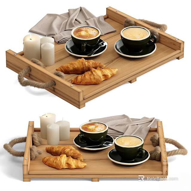 Wooden Serving Tray With Croissants Coffee Candles And Linen Napkins 3d model 