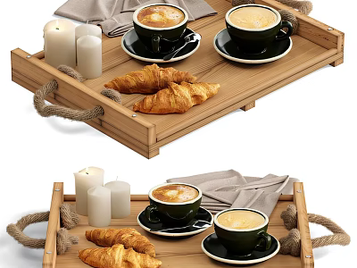 Wooden Serving Tray With Croissants Coffee Candles And Linen Napkins 3d model