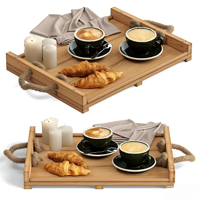 Wooden Serving Tray With Croissants Coffee Candles And Linen Napkins 3d model
