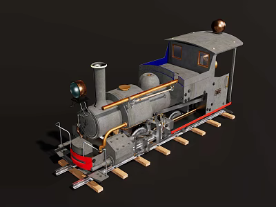 Vintage Steam Train Locomotive With Chimney And Headlamp On Tracks 3d model