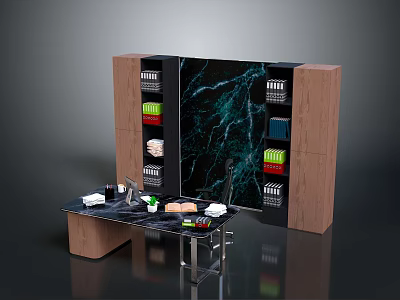 Modern Home Office Interior With Marble Texture Wall Wooden Cabinets And Black Desk 3d model