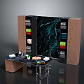 Modern Home Office Interior With Marble Texture Wall Wooden Cabinets And Black Desk