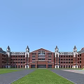 School Building Complex With Red Brick Clock Tower Green Lawn And Scenic Pathway 3d model