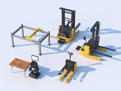 Household Items Featuring Yellow Forklifts Metal Frame And Workbench With Computer 3d model