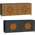 Modern Wooden Entryway Console Cabinet With Circular Orange Door Panels And Gold Handles