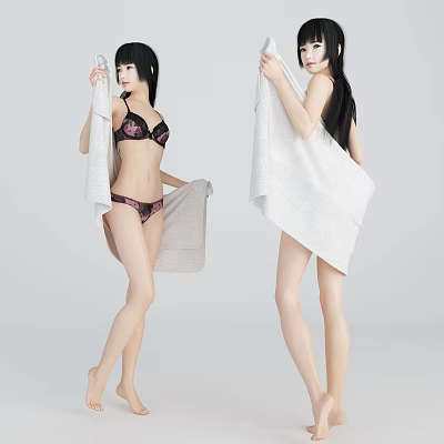 Two Women In Floral Bikinis Holding White Towels Standing Side By Side 3d model
