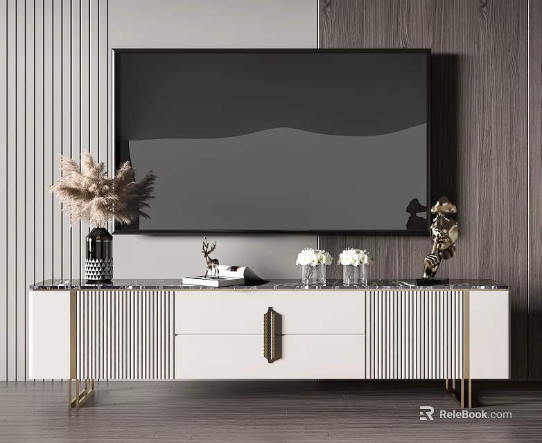 Modern White TV Stand With Gold Accents Pampas Grass Vase Deer Figurine And Golden Sculpture 3d model 