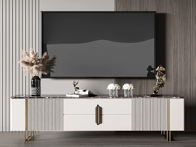 Modern White TV Stand With Gold Accents Pampas Grass Vase Deer Figurine And Golden Sculpture 3d model