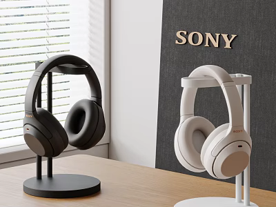 Sony Black and White Headphones Displayed on Stands in Modern Desktop Setup 3d model