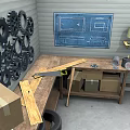 Well Organized Garage With Workbench Tools Green Trash Bin And Blue Cabinets