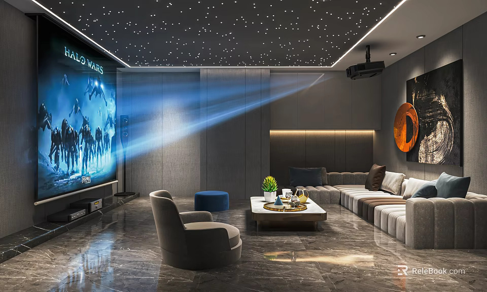 Modern Home Theater With Starry Ceiling Projector Large Projection Screen Comfortable Sofa And Coffee Table 3d model 