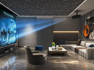 Modern Home Theater With Starry Ceiling Projector Large Projection Screen Comfortable Sofa And Coffee Table 3d model