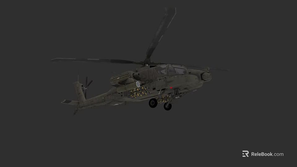 Dark Colored Military Helicopter With Rotors Weapon Mounts And Landing Gear In Flight 3d model 