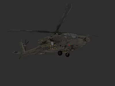 Dark Colored Military Helicopter With Rotors Weapon Mounts And Landing Gear In Flight 3d model