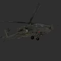Dark Colored Military Helicopter With Rotors Weapon Mounts And Landing Gear In Flight