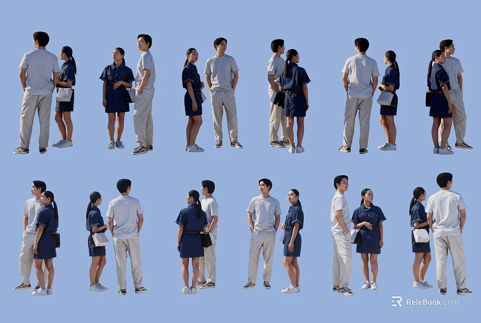 Group of Men and Women in Dark Uniforms Light Pants Standing Various Poses Blue Background 3d model 