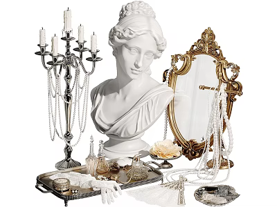 Elegant Vintage Jewelry Display With Pearl Necklaces Mirror Bust Statue And Candelabra 3d model