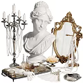 Elegant Vintage Jewelry Display With Pearl Necklaces Mirror Bust Statue And Candelabra