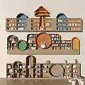 Playful Kids Bookshelf Design With Various Wooden Shapes Shelves And Rabbit Decor