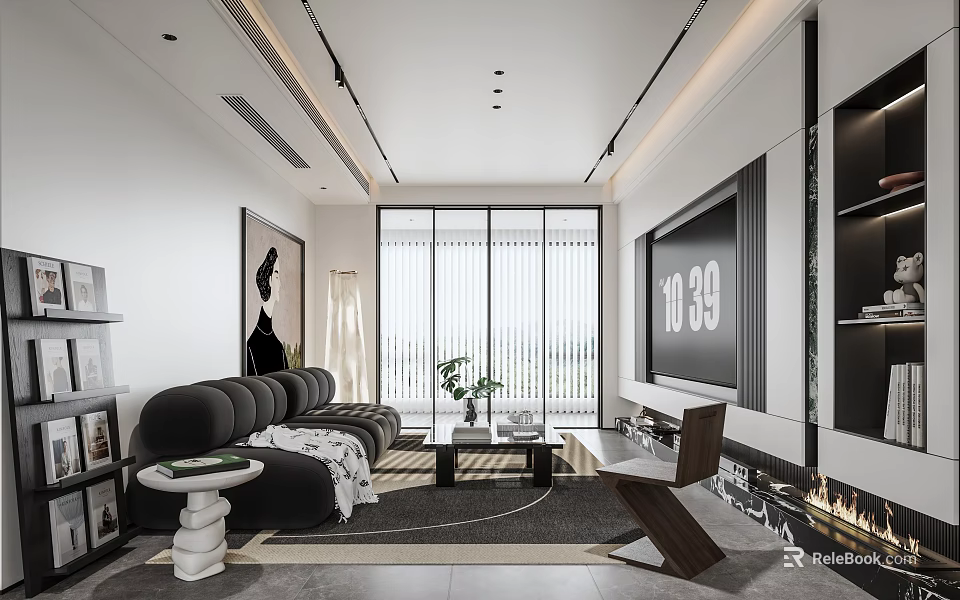 Modern Living Room Interior With Floor to Ceiling Windows TV Wall Sofa and Fireplace 3d model 