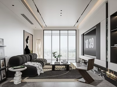 Modern Living Room Interior With Floor to Ceiling Windows TV Wall Sofa and Fireplace 3d model